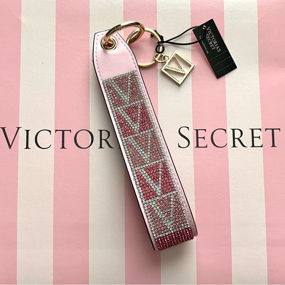 RARE VS Rhinestone Wristlet Strap Keychain Key Fob Pink Sparkle V